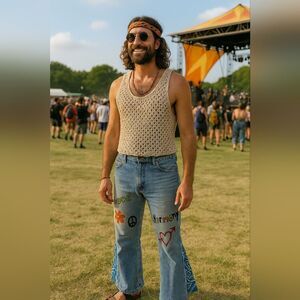 Paul Ressler 42x30 Hand Painted Festival Jeans Bandana Flare Boho Hippie Art